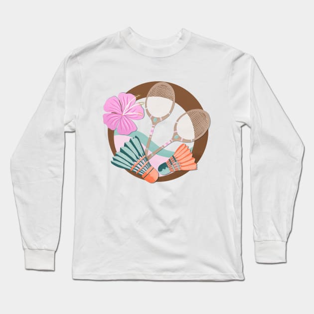 Tropical badminton badge - orange, teal and pink Long Sleeve T-Shirt by Home Cyn Home 